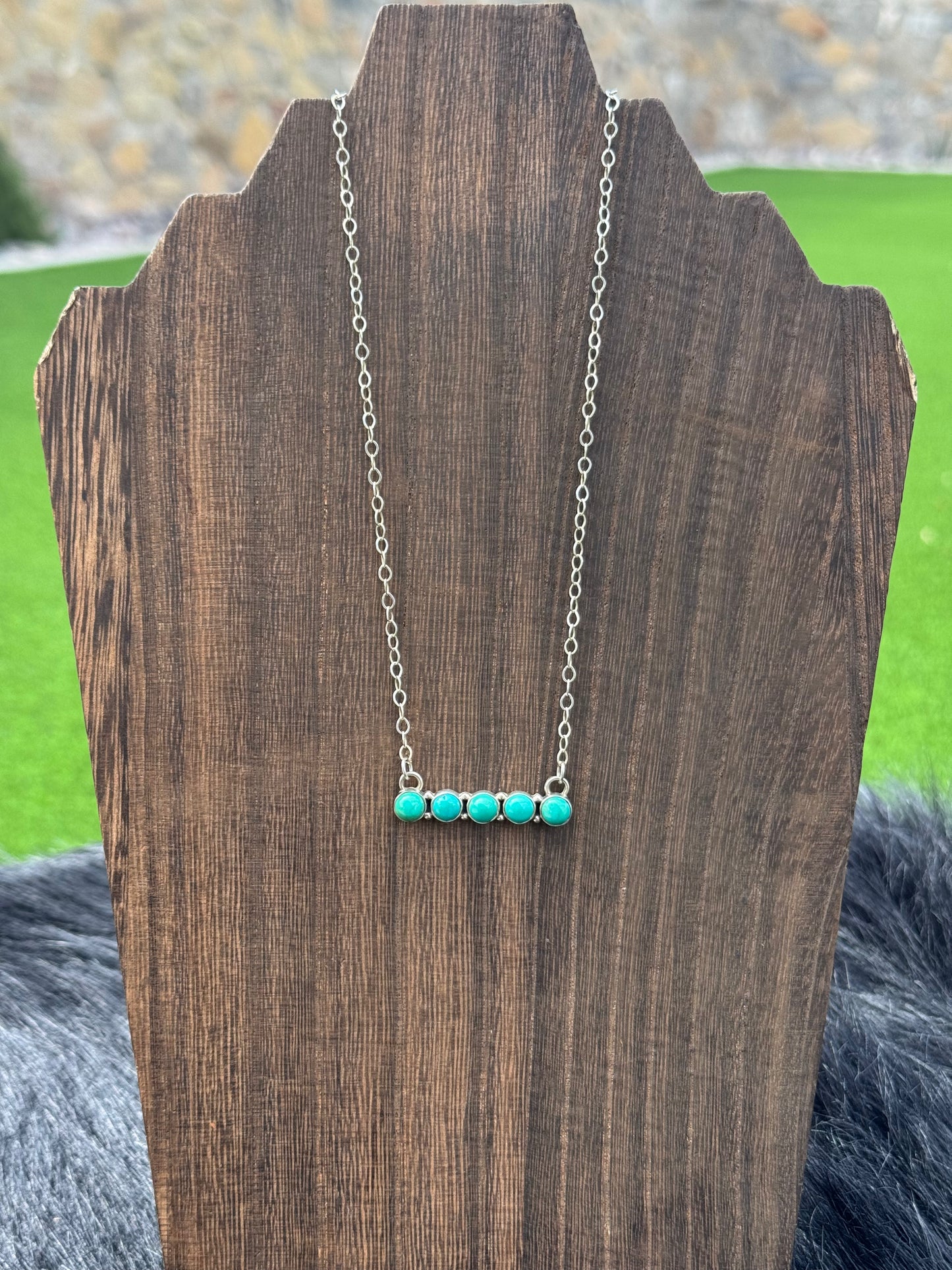 Turquoise 5 Stone and Sterling Silver Bar Necklace