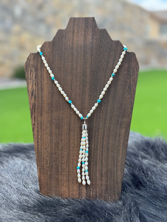 Fresh Water Pearls and Turquoise Lariat