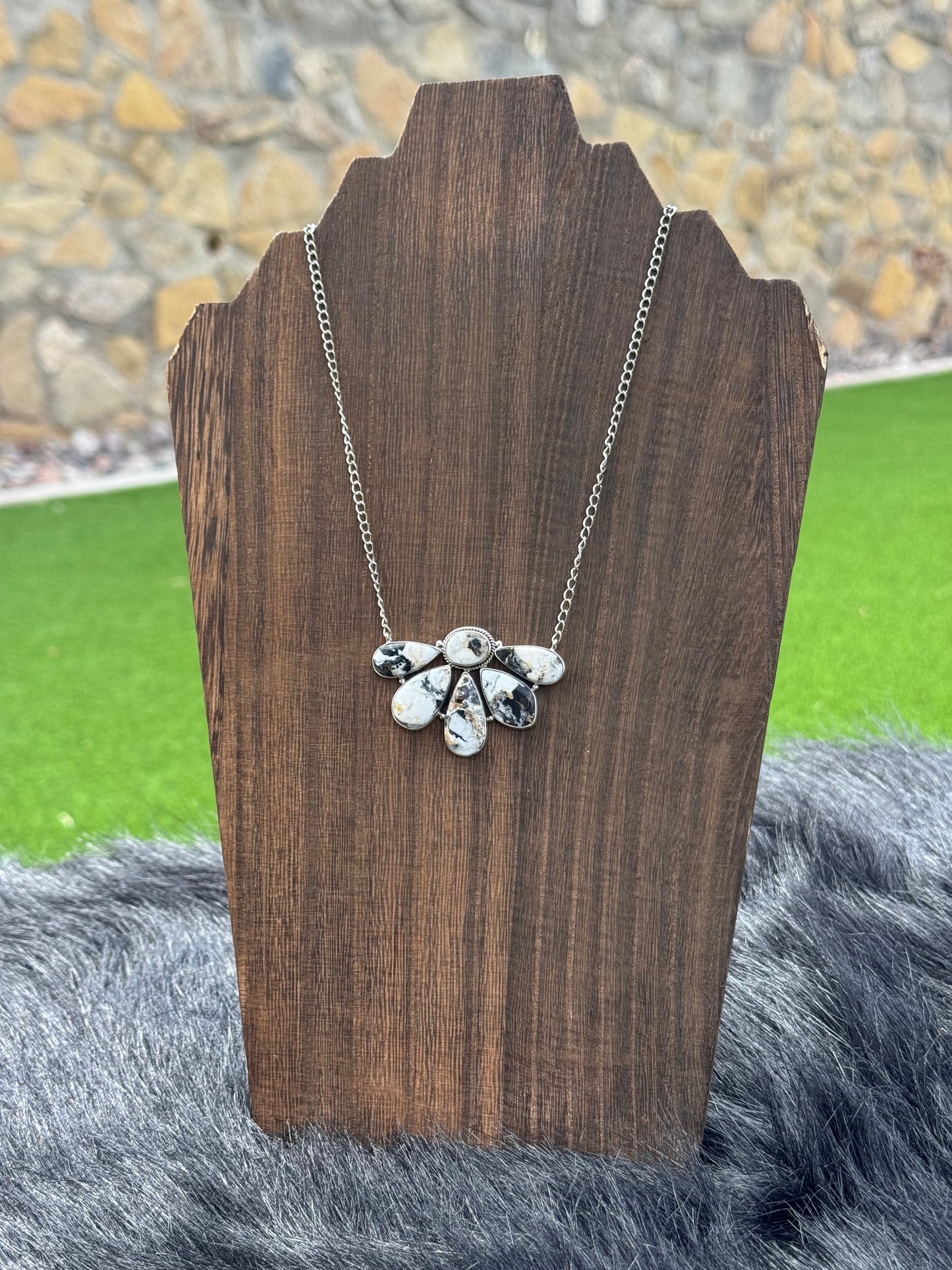 Half Cluster White Buffalo and Sterling Silver Necklace
