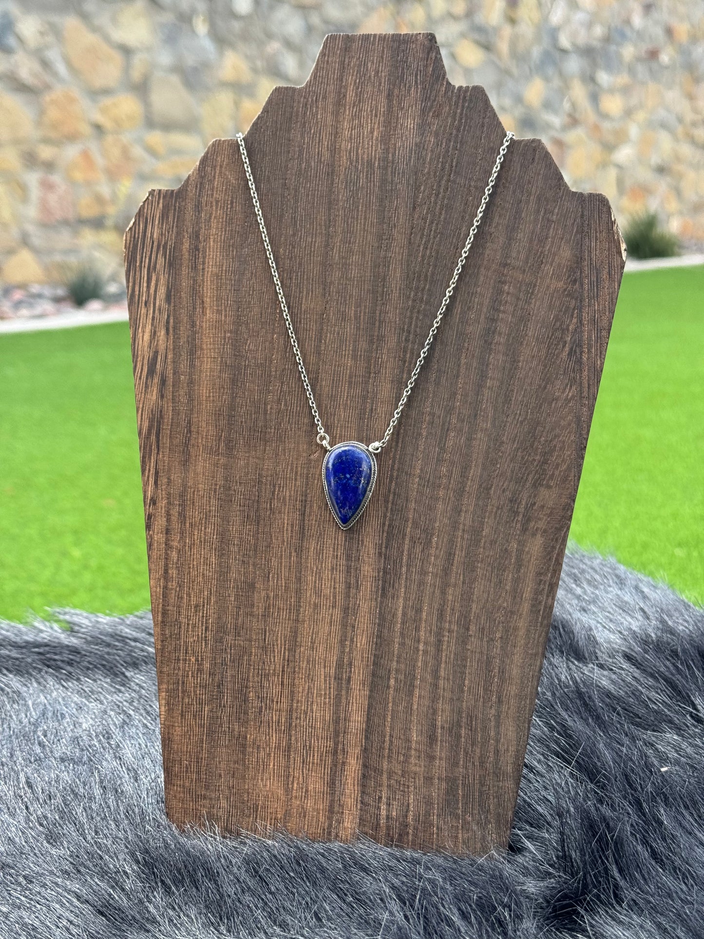 Lapis Lazuli Teardrop Pendant and Sterling Silver Necklace