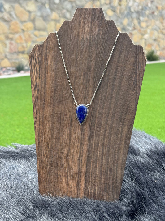 Lapis Lazuli Teardrop Pendant and Sterling Silver Necklace