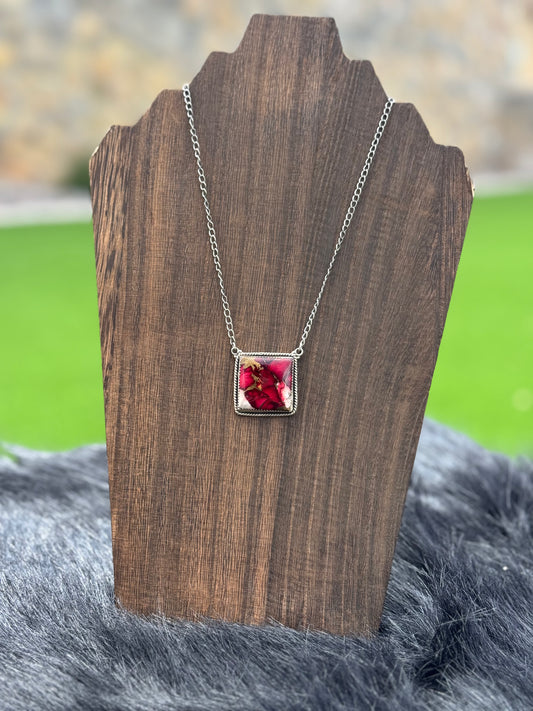 Red Rose Dahlia and Sterling Silver Necklace