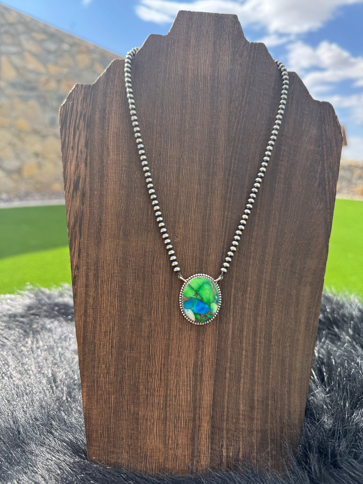 Peacock Dahlia Pendant and Sterling Silver Pearl Necklace