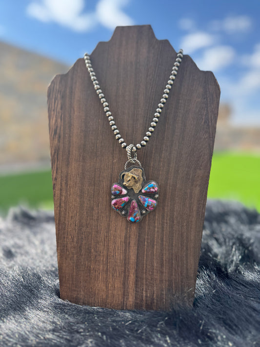 Purple Dahlia and Brass Bull Pendant