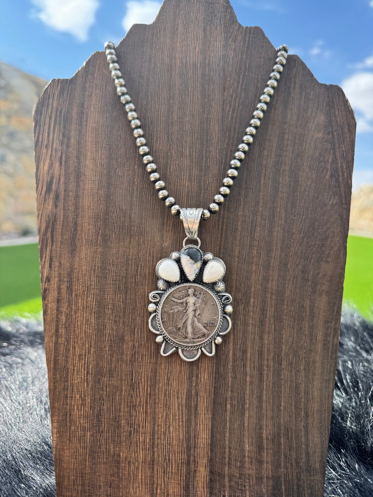Native Made White Buffalo and Liberty Coin Pendant