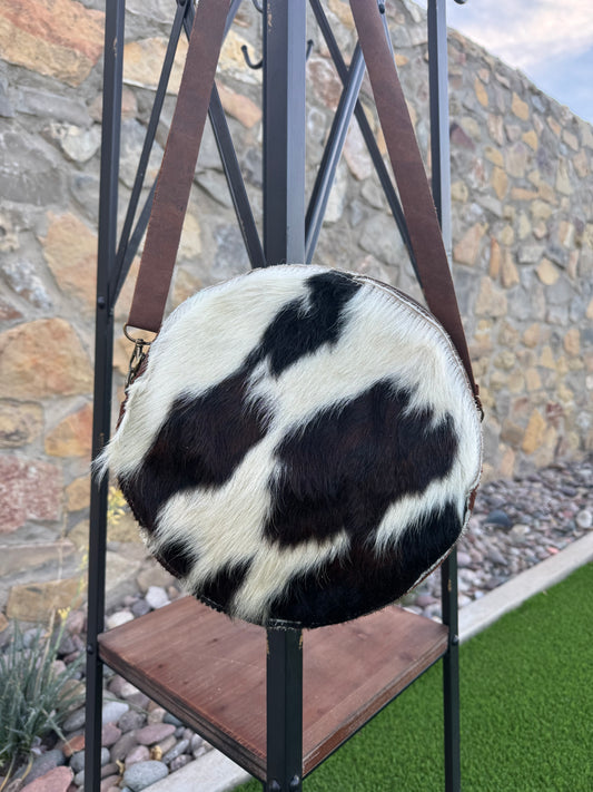 Round Cowhide and Leather Handbag